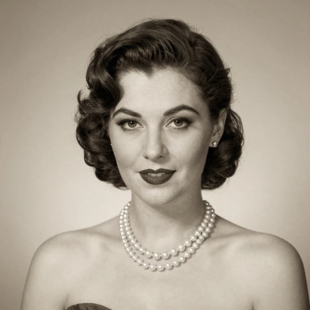 Sepia-toned studio portrait of a flapper with pearl necklace, soft grain.