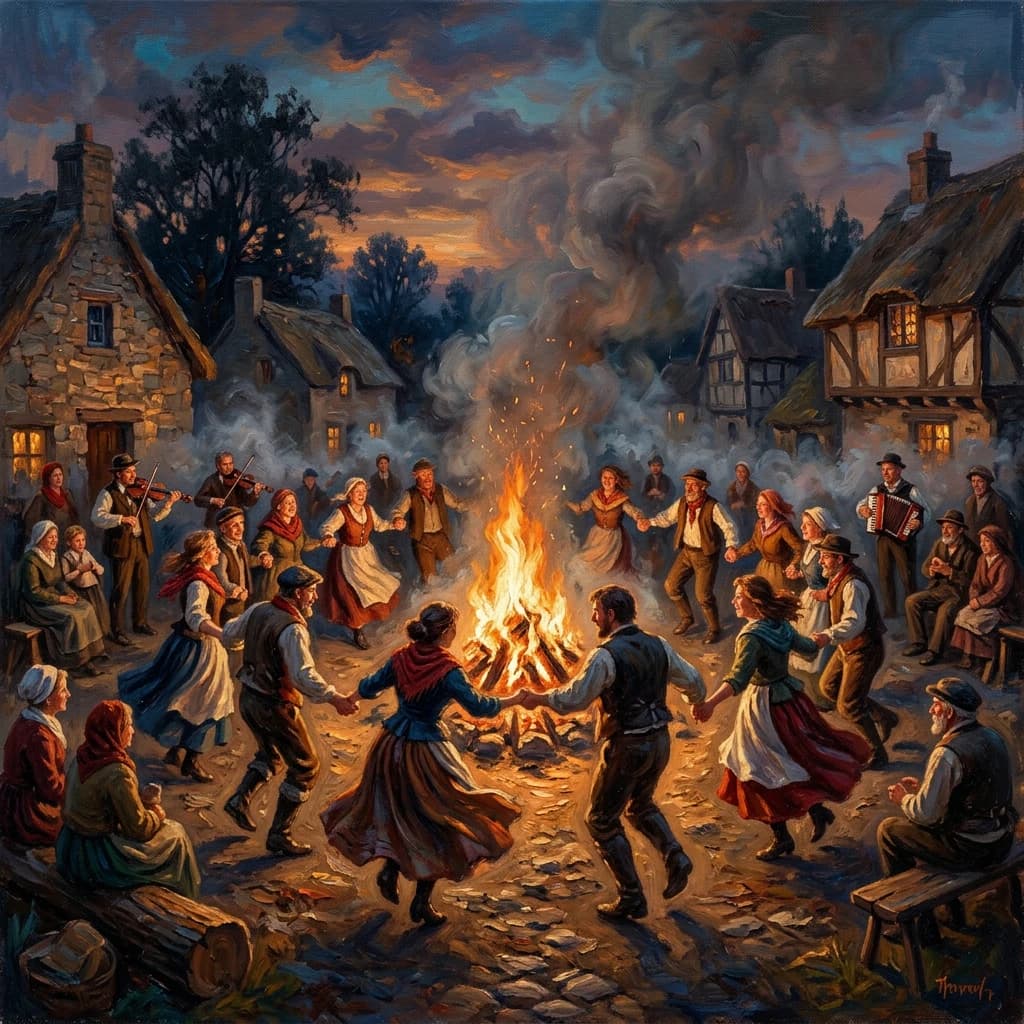 Make an oil painting of villagers dancing by a bonfire at dusk, a bit smoky.