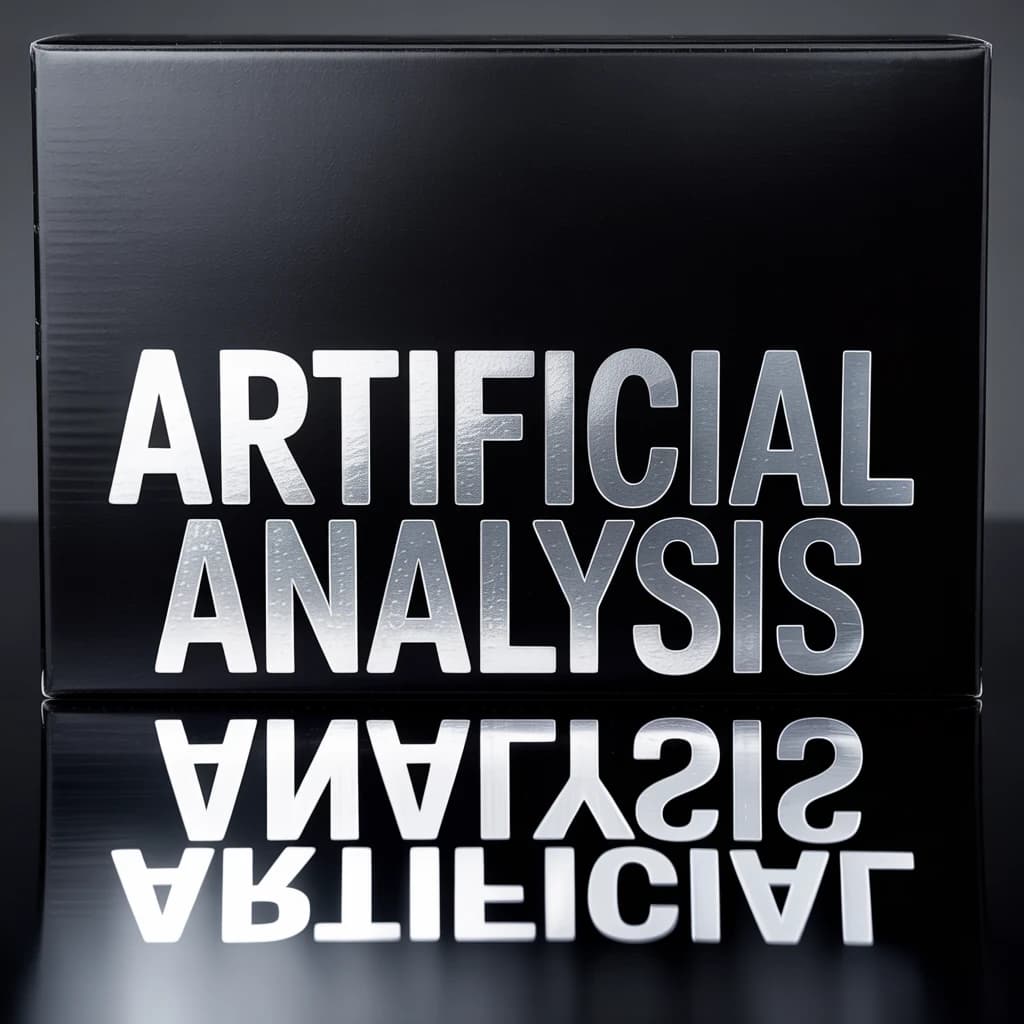 On the black box, silver foil embossing, centered: "Artificial Analysis" in Comic Sans Small Caps, perfectly justified. The letters are crisp, but the “Y” is duplicated faintly, ghosting right. On the box’s reflection, the word order is inverted: ARTIFICIAL ANALYSIS.