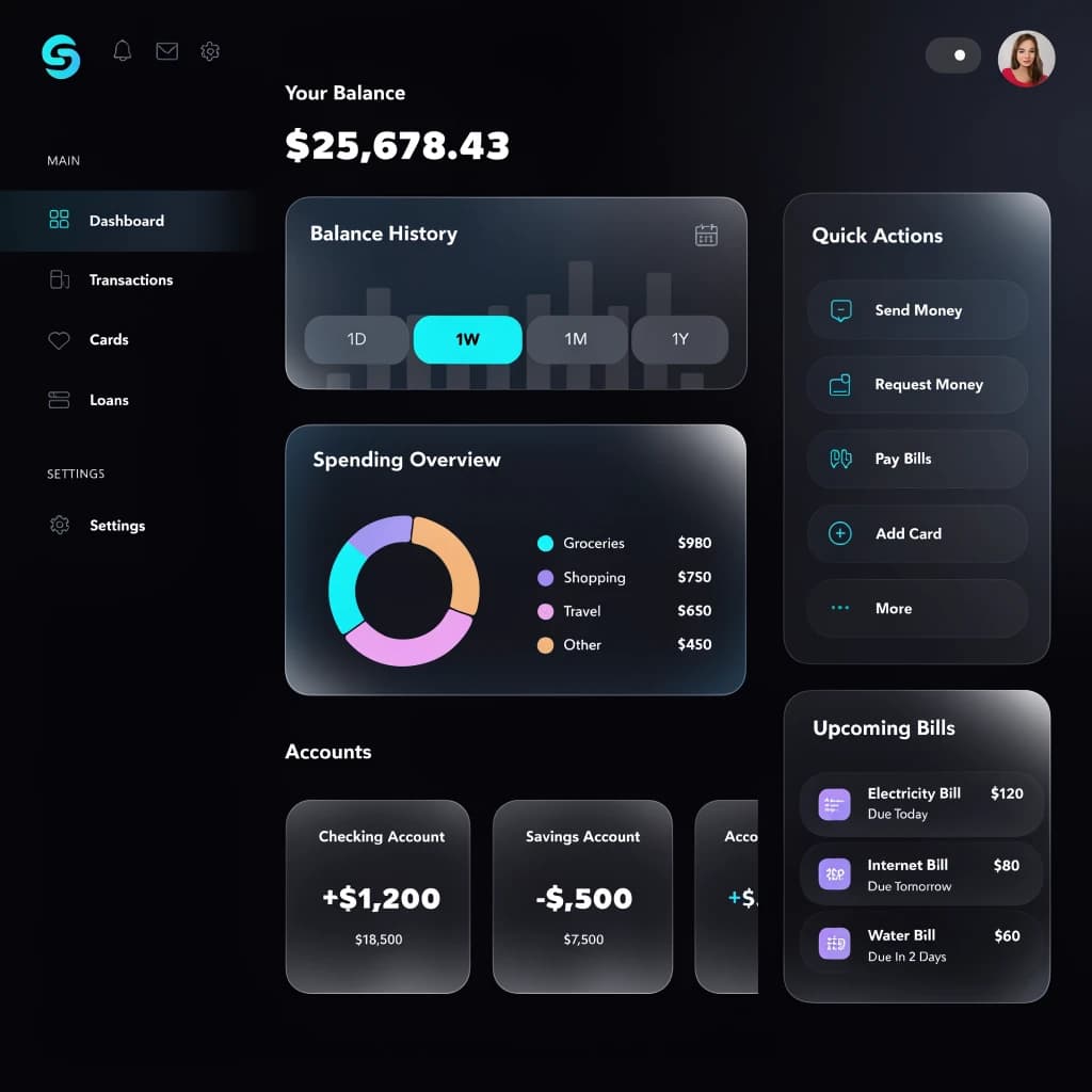 Dark mode banking dashboard with glassmorphism.