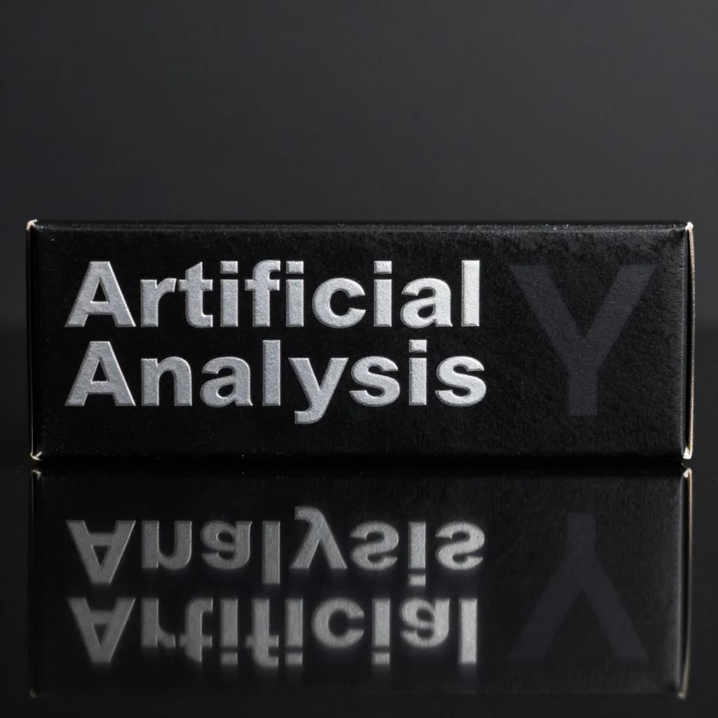 On the black box, silver foil embossing, centered: "Artificial Analysis" in Comic Sans Small Caps, perfectly justified. The letters are crisp, but the “Y” is duplicated faintly, ghosting right. On the box’s reflection, the word order is inverted: ARTIFICIAL ANALYSIS.