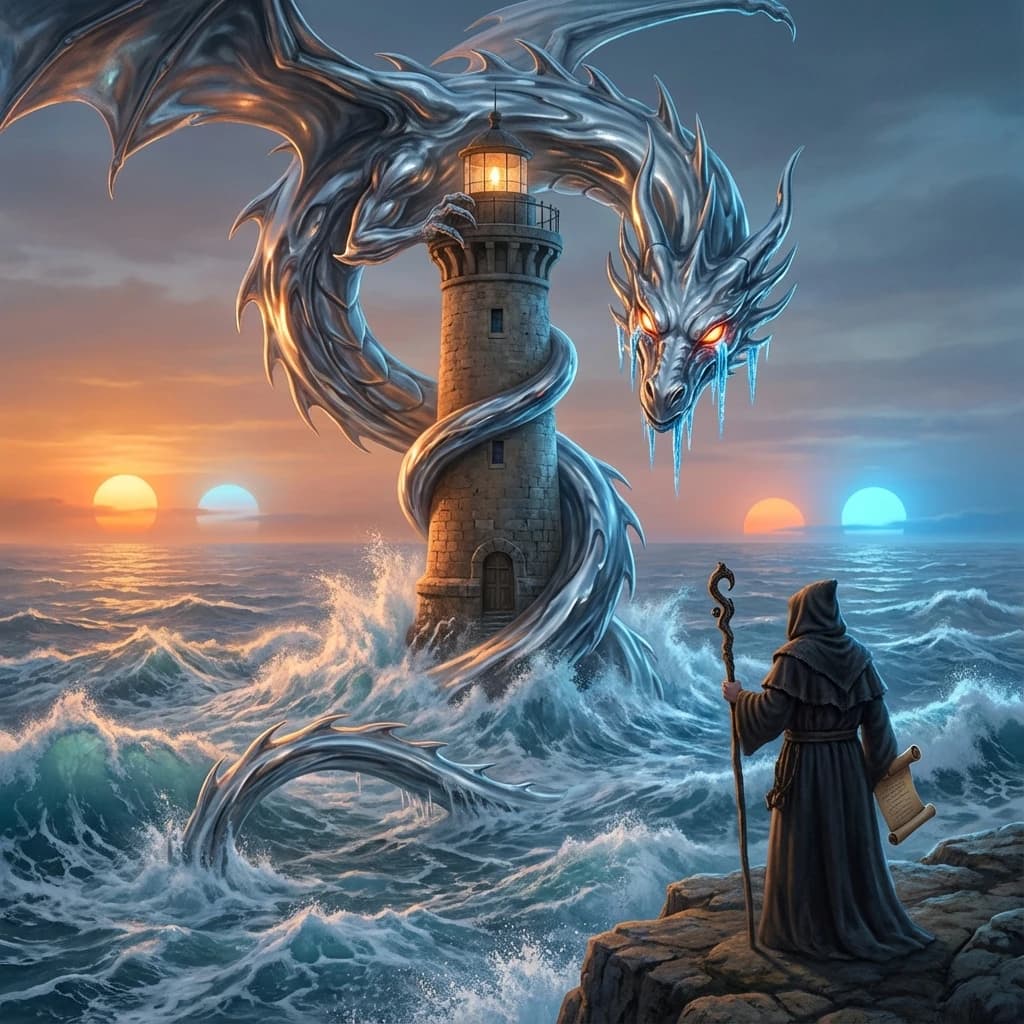 A dragon of molten silver coils around a lighthouse. The storming sea below crashes upward in frozen stillness, as though caught mid-motion. The dragon’s molten eyes drip tears of ice. On the horizon, two suns set next to each other, casting orange light on one side of the tower and blue on the other. A cloaked traveler carries an ancient weapon in his left hand and a scroll in his right.