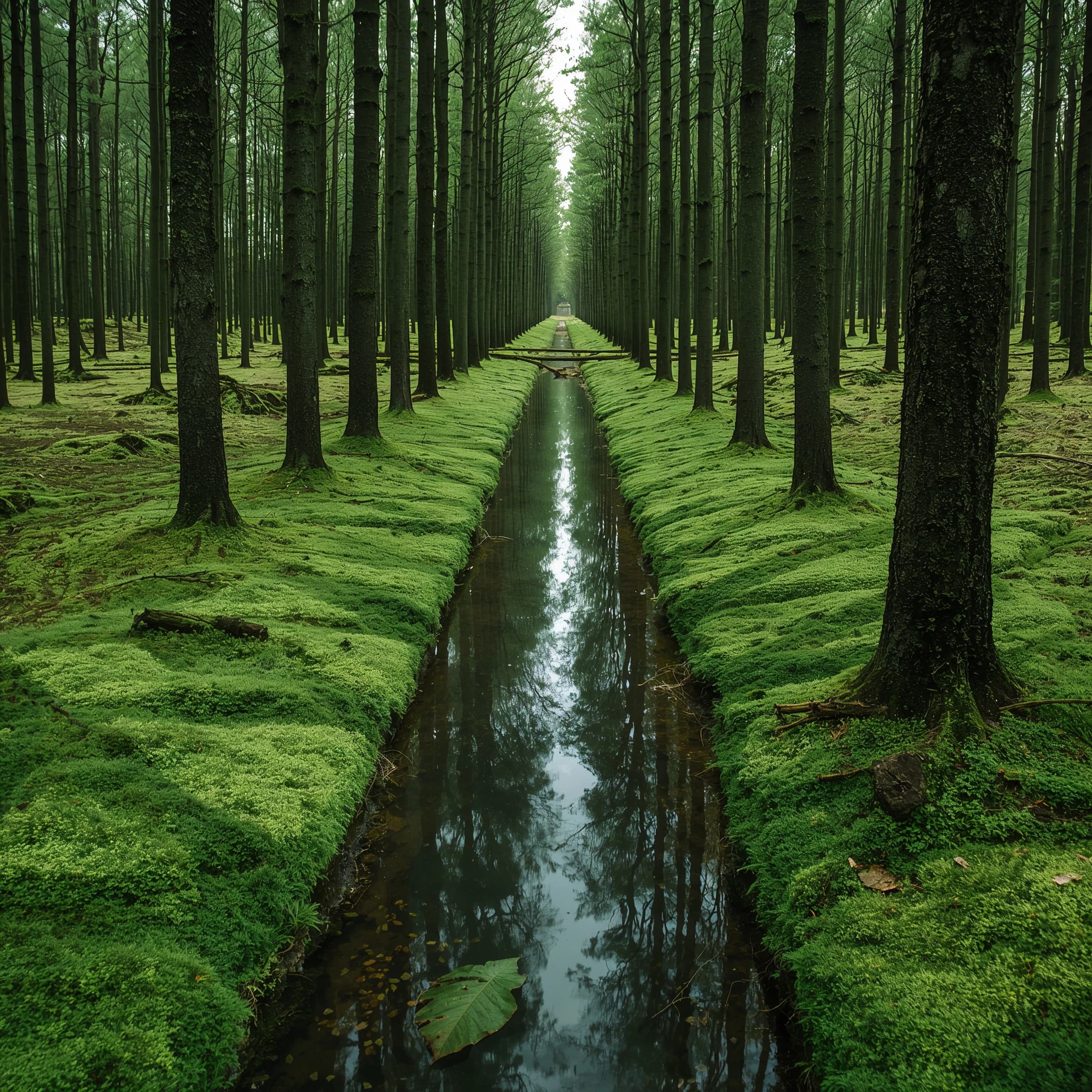 The forest is saturated green, trees identical in height and width, trunks straight, bark texture repeating. One trunk leans diagonally yet the branches remain vertical. The moss is emerald, glistening, though each patch forms identical diamond shapes. A stream runs straight, perfectly linear, water clear, reflecting clouds not visible in the sky. No animals, no insects, but one leaf floats on the water, doubled, showing two overlapping shadows.