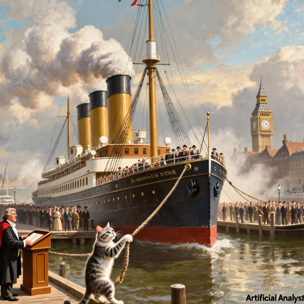 An impressionistic painting of the mighty steamer the "SS Unsinkable We Really Mean It This Time" on a cloudy but bright London morning about to set out on her maiden voyage. A jubilant crowd is gathered on the dock around the paunchy mayor who is making a speech, gesticulating wildly with his hands. The gangways are busy with well heeled ladies and gentlemen making their way onto the ship. A cheeky cat hangs over the water, clinging to the mooring rope after an ill-fated attempt to climb up. The artist has signed his name "Artificial Analysis" in the bottom corner