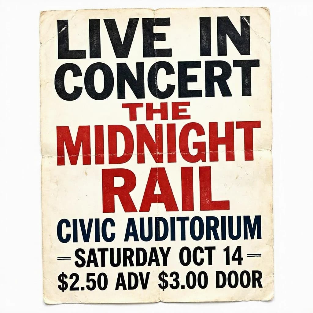 Make a 1960s concert poster featuring bold wood type, misaligned ink, creases.