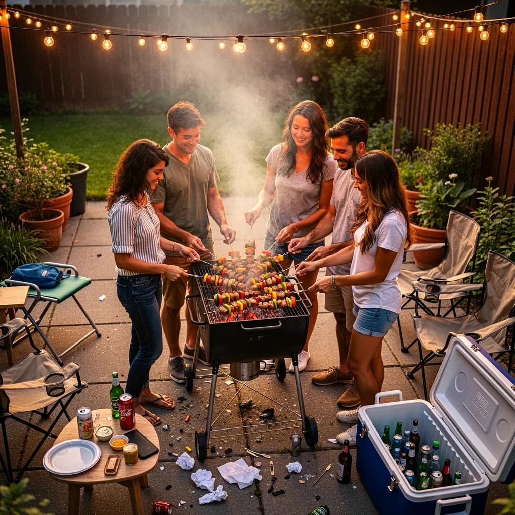 Friends grill skewers on a slightly messy patio.