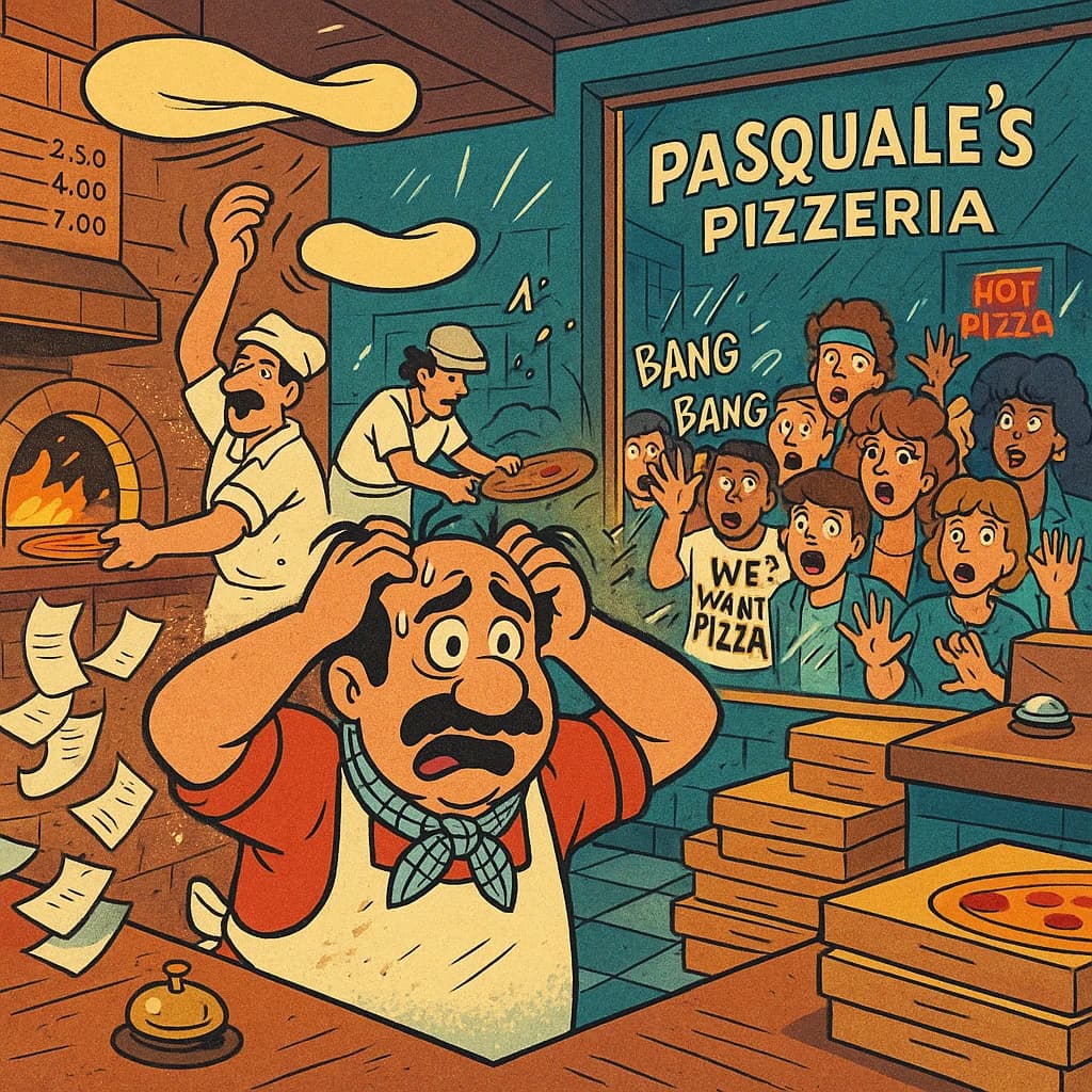 Pasquale is pulling his few remaining hairs out over a disaster at the pizzeria - the cooks are working as fast as they can but the crowds outside are swelling and they demand hot hot pizza! They are banging on the glass and some are wearing "we want pizza" shirts. 1980s western TV animation style.