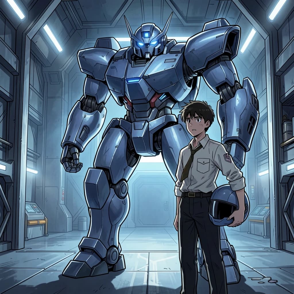 A teenage pilot grips his helmet under one arm, standing at the edge of a glowing hangar bay. Before him looms a sleek, steel-blue mech, its eyes lit with a cold electric glare. His school uniform is rumpled, a sharp contrast to the machine’s flawless plating. The vast scale engulfs him in shadow, emphasizing both awe and dread. Hand-drawn anime style.