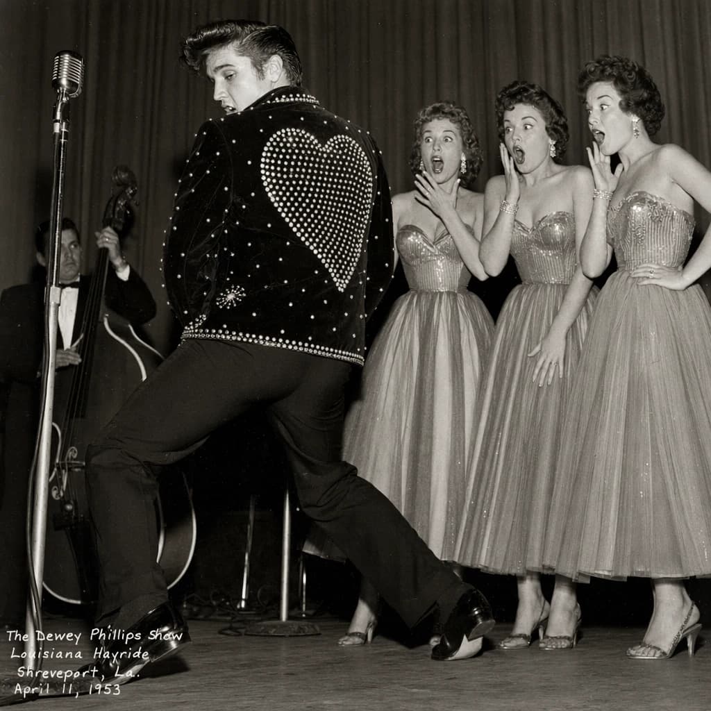 An archival image from 1953 of the rock singer swinging his hips on the stage while glamorous back up singers feign shock at his gyrations! He wears a diamond encrusted jacket with the stones arranged in the shape of a heart