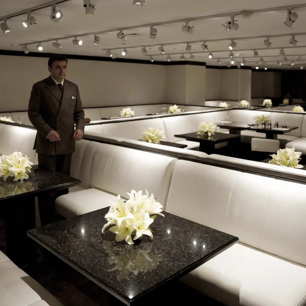 The place is almost empty. The banquettes are covered in white leather, the tables black granite, and the entire room is bathed in halogen track lighting that seems too bright. The maître d’ wears a double-breasted wool crepe jacket. There are lilies on every table.