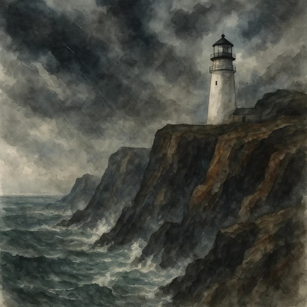 Please paint a watercolor of stormy cliffs and a lighthouse, moody sky.