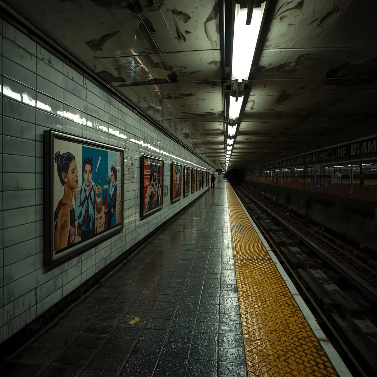 A subterranean subway platform with glossy tiles, peeling posters, flickering fluorescent lights, yellow safety line, and a distant train coming; slightly damp, echoes carry.