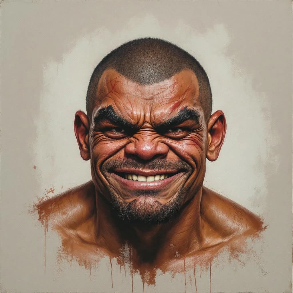 Paint a bruised boxer smiling, serious expression.