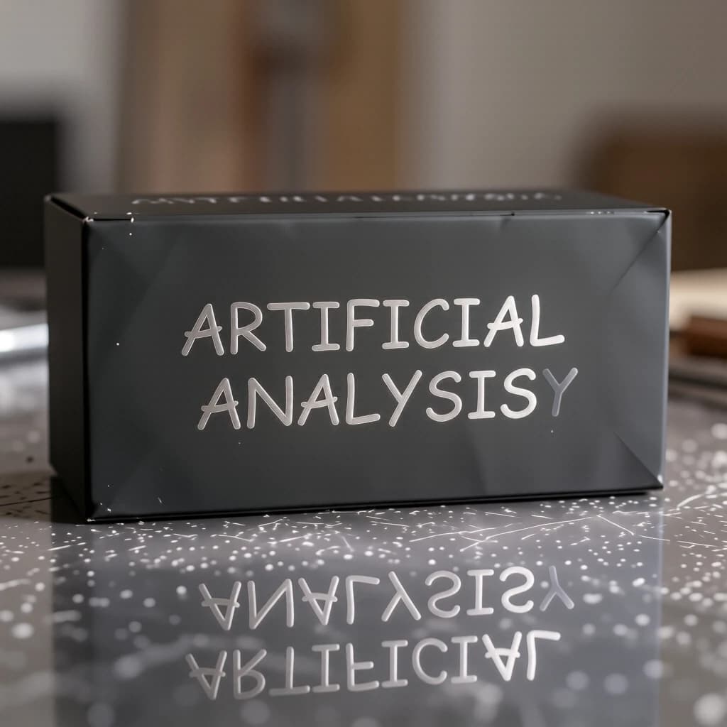 On the black box, silver foil embossing, centered: "Artificial Analysis" in Comic Sans Small Caps, perfectly justified. The letters are crisp, but the “Y” is duplicated faintly, ghosting right. On the box’s reflection, the word order is inverted: ARTIFICIAL ANALYSIS.
