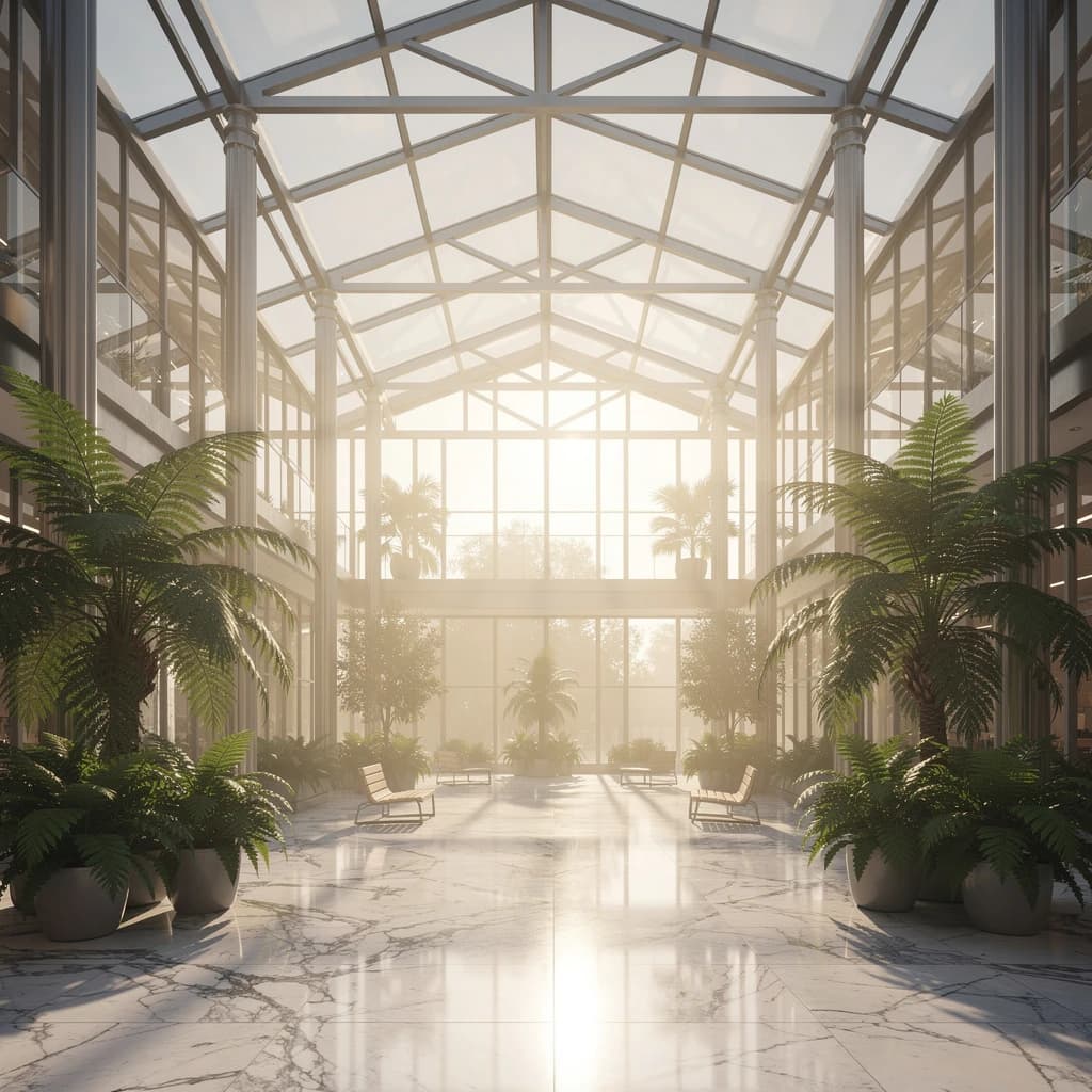 Sunlit atrium with glass ceiling, marble floor, ferns, a bit of morning haze.