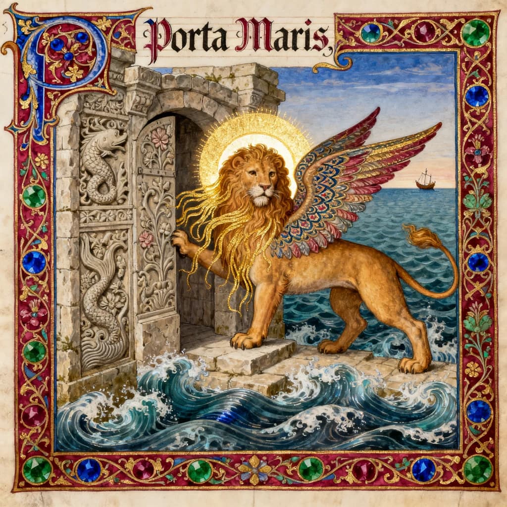 Paint an illuminated manuscript scene of a winged lion guarding a sea gate.