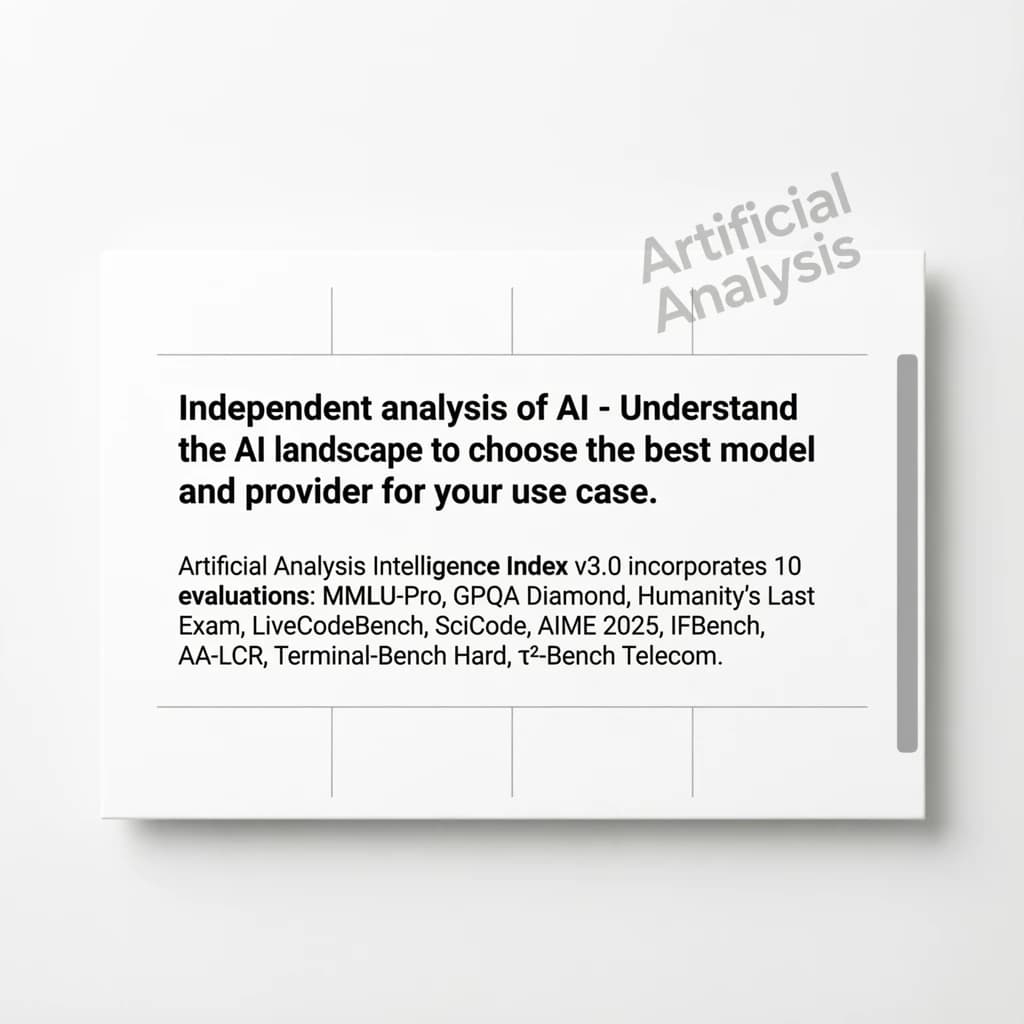 On a white dashboard with thin gray dividers, place a centered header in Helvetica Neue Bold, 20pt: “Independent analysis of AI - Understand the AI landscape to choose the best model and provider for your use case.” Directly beneath, a subheader in smaller Regular weight, 14pt: “Artificial Analysis Intelligence Index v3.0 incorporates 10 evaluations: MMLU-Pro, GPQA Diamond, Humanity's Last Exam, LiveCodeBench, SciCode, AIME 2025, IFBench, AA-LCR, Terminal-Bench Hard, 𝜏²-Bench Telecom.” The header is fully justified but the subheader is left-aligned. In the upper right corner, the Artificial Analysis logo appears watermarked, diagonal, faint gray, partially overlapping the scrollbar.