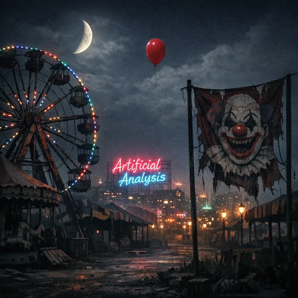 A deserted amusement park glows faintly under a half-moon. The ferris wheel is rusting yet strung with fresh, blinking LED lights. A torn clown banner flaps in a windless air. A lone balloon floats upward, tethered to nothing, while in the far distance city lights flicker on - some neon, some gas lamps as though from another century. 'Artificial Analysis' glows in neon