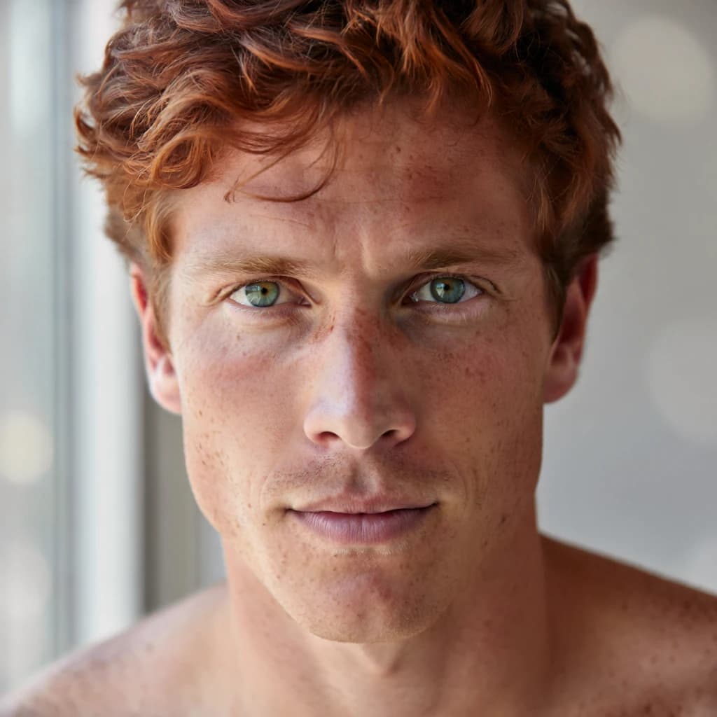 Shoot a natural light headshot of a red-haired man with freckles, green eyes.