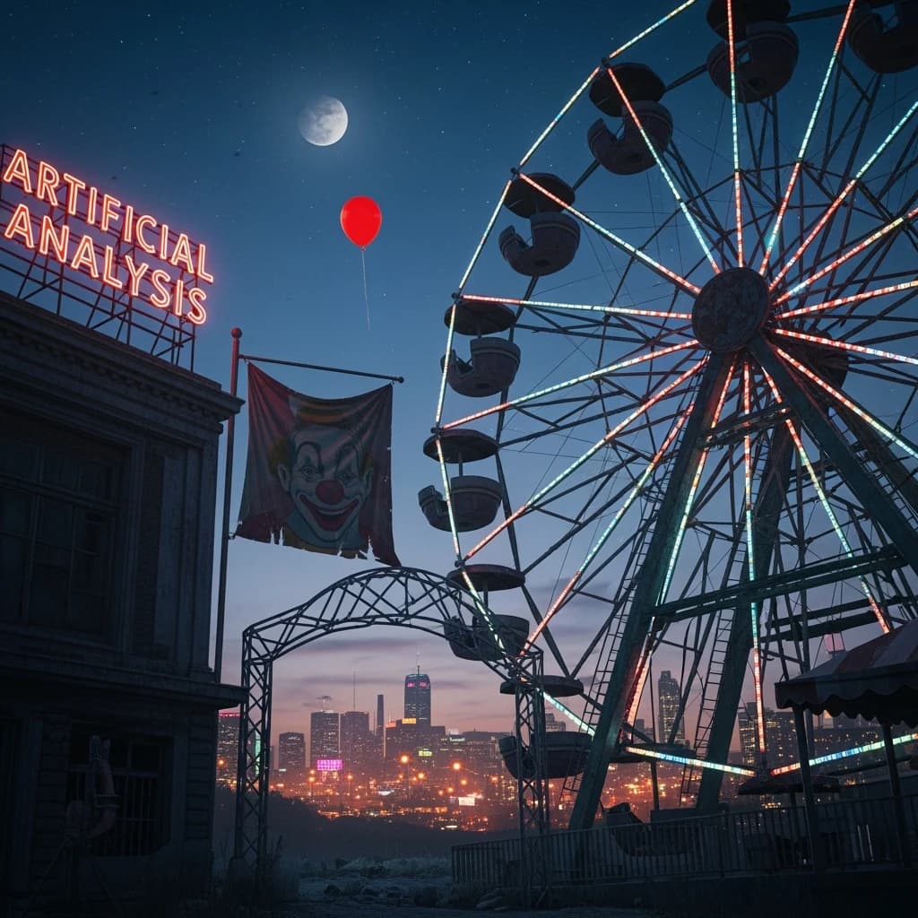 A deserted amusement park glows faintly under a half-moon. The ferris wheel is rusting yet strung with fresh, blinking LED lights. A torn clown banner flaps in a windless air. A lone balloon floats upward, tethered to nothing, while in the far distance city lights flicker on - some neon, some gas lamps as though from another century. 'Artificial Analysis' glows in neon