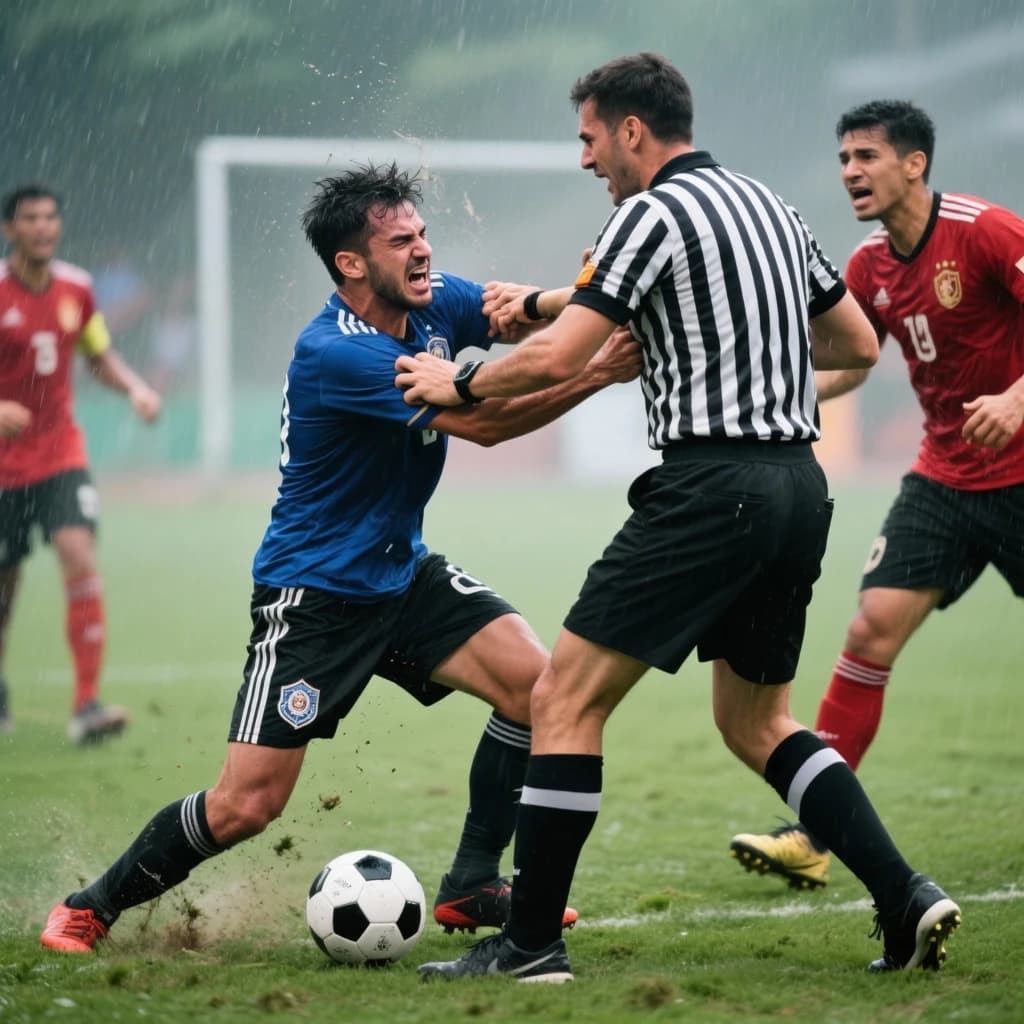 The soccer player clashes with the ref. It is thick and humid and the heat is getting to the players. His friend tries to pull him off before he causes any more trouble.