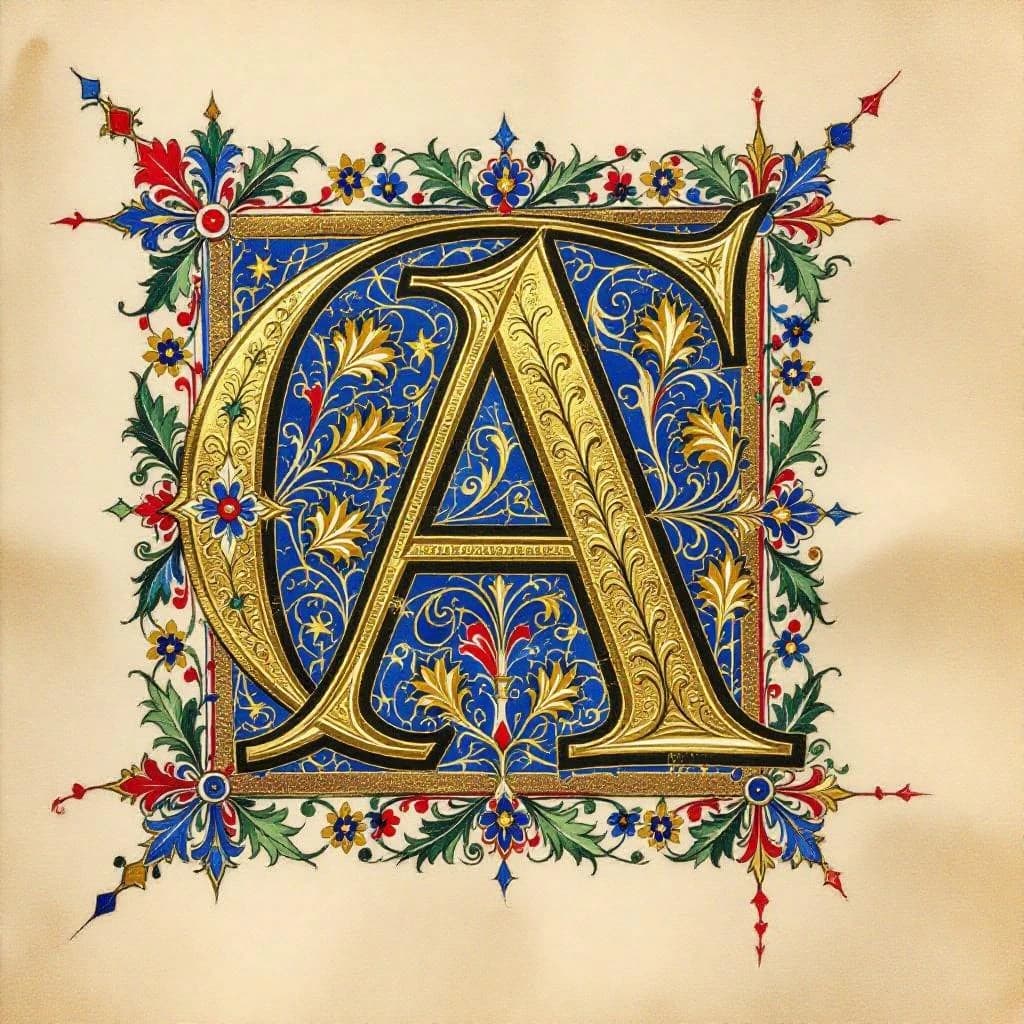 Illuminated letter A on vellum, gold leaf, a bit uneven flourishes.