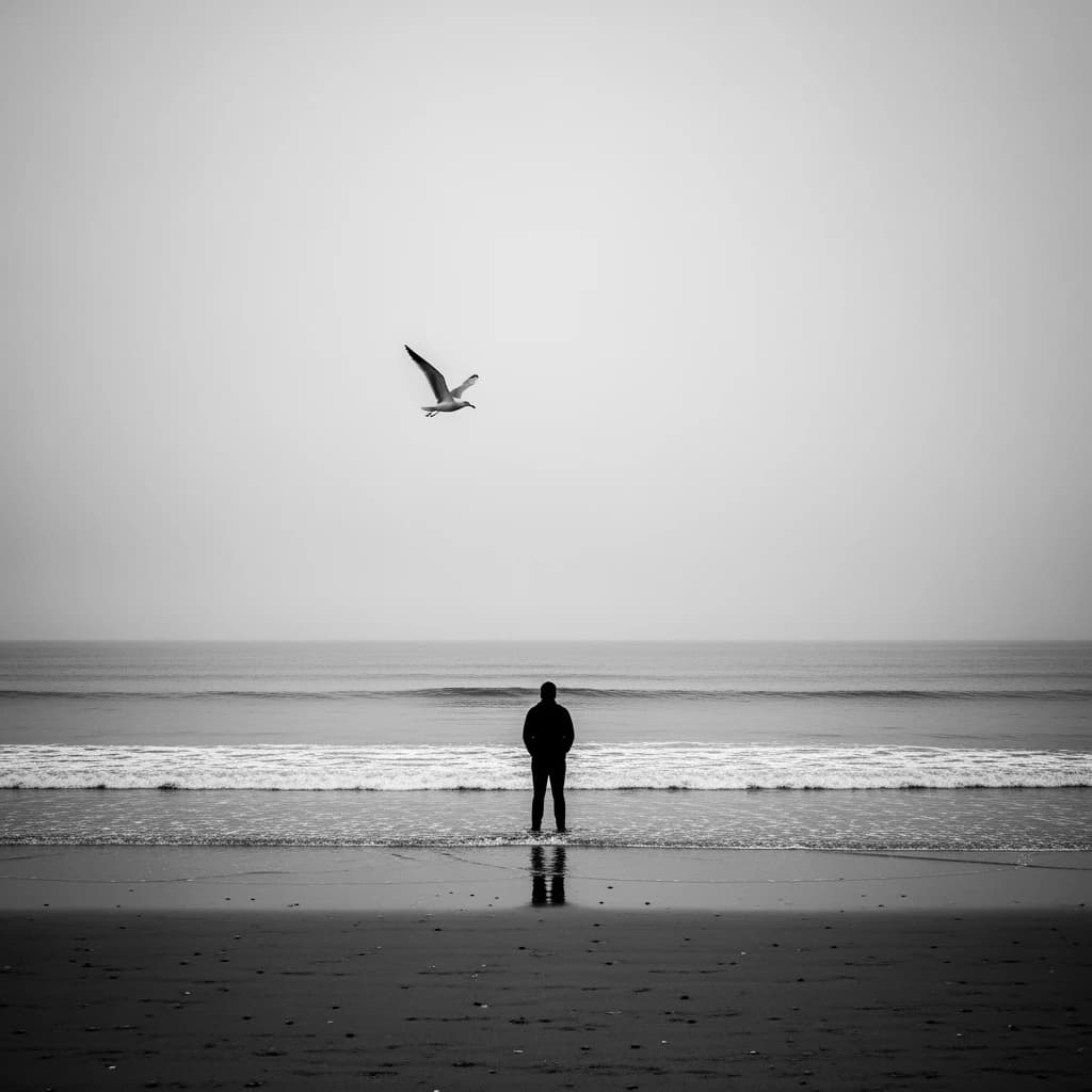 The beach is flat, sand beige, granular, no shells, except for a single left shoe, black leather, size eleven, half buried at an angle. The pier extends straight into the water, wood untreated, grain visible, though the support posts vanish before they touch the surface. The sky is uniformly gray, no clouds, yet shadows stretch at sharp diagonals. A single gull sits on the railing, wings outstretched, frozen mid-flap, no movement.
