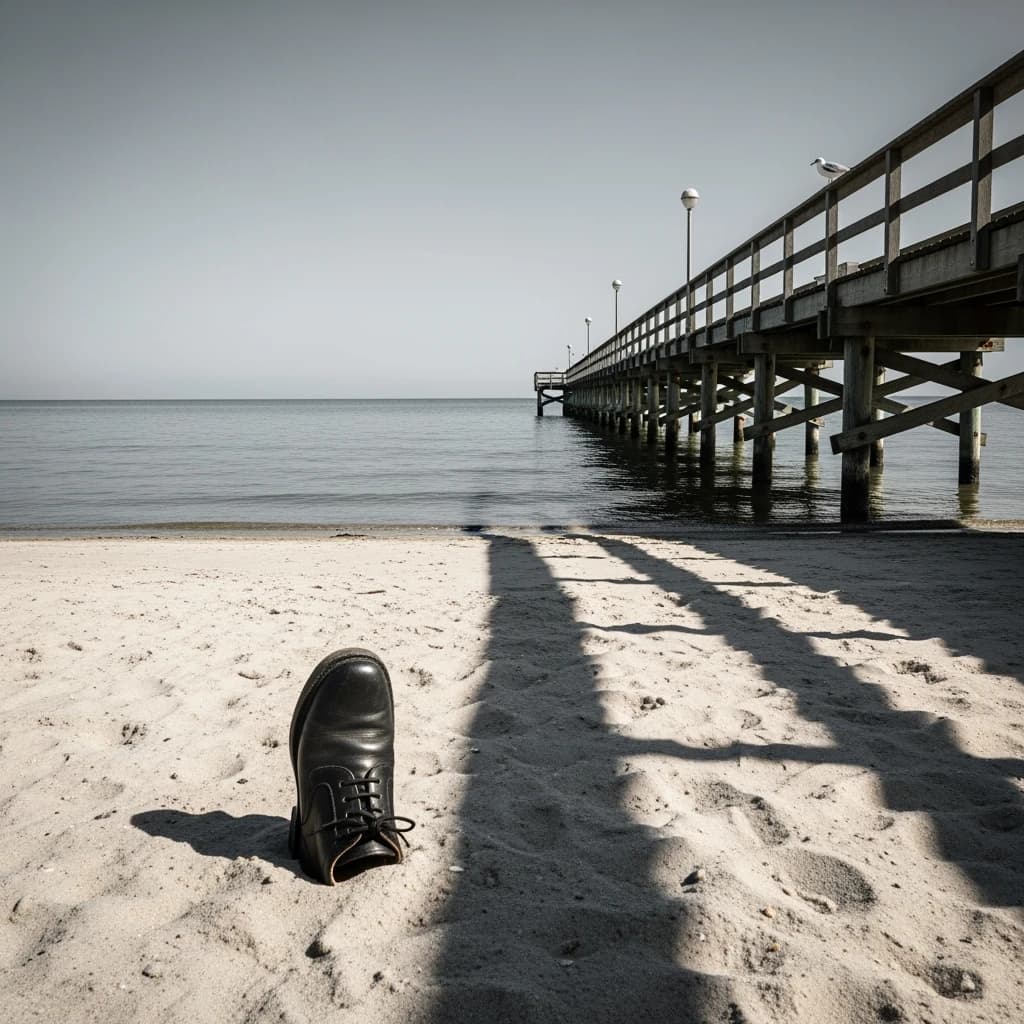 The beach is flat, sand beige, granular, no shells, except for a single left shoe, black leather, size eleven, half buried at an angle. The pier extends straight into the water, wood untreated, grain visible, though the support posts vanish before they touch the surface. The sky is uniformly gray, no clouds, yet shadows stretch at sharp diagonals. A single gull sits on the railing, wings outstretched, frozen mid-flap, no movement.
