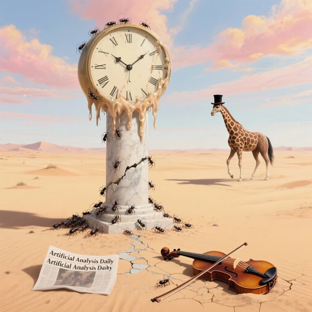 A vast desert plain stretches endlessly under a sky streaked with pale pink and ochre clouds. In the center stands a colossal clock, its face drooping and melting over the edge of a broken marble column. Ants swarm across its warped surface, glinting in the harsh sunlight. To the right, a horse with a giraffe like neck wearing a top hat strides toward the horizon, its shadow stretching miles across the sand. A cracked violin lies half-buried in the foreground, strings snapping outward like veins. Painted in the dreamlike surrealist style. A newspaper named the "Artificial Analysis Daily" lies on the Floor.