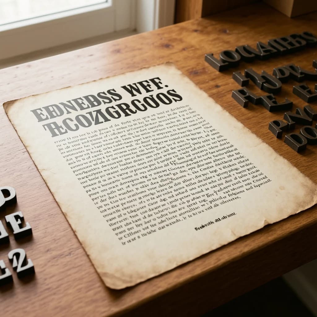 A vintage letterpress poster on a wooden desk: bold slab serif headline, tight kerning, misregistered ink, slightly worn edges, scattered metal type, soft window light.