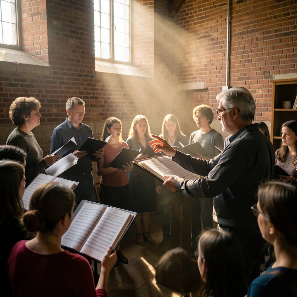 A choir rehearses in a brick hall as somewhat dramatic morning light falls through high windows, with a patient conductor mid-gesture, open scores, intent faces, slight motion blur.