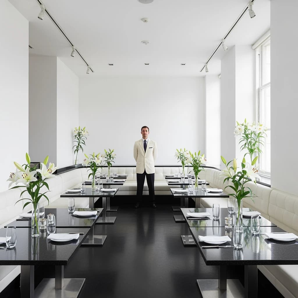 The place is almost empty. The banquettes are covered in white leather, the tables black granite, and the entire room is bathed in halogen track lighting that seems too bright. The maître d’ wears a double-breasted wool crepe jacket. There are lilies on every table.