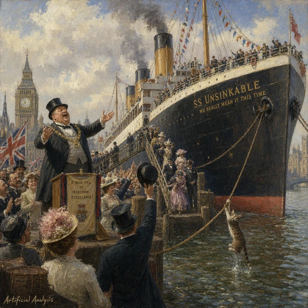 An impressionistic painting of the mighty steamer the "SS Unsinkable We Really Mean It This Time" on a cloudy but bright London morning about to set out on her maiden voyage. A jubilant crowd is gathered on the dock around the paunchy mayor who is making a speech, gesticulating wildly with his hands. The gangways are busy with well heeled ladies and gentlemen making their way onto the ship. A cheeky cat hangs over the water, clinging to the mooring rope after an ill-fated attempt to climb up. The artist has signed his name "Artificial Analysis" in the bottom corner