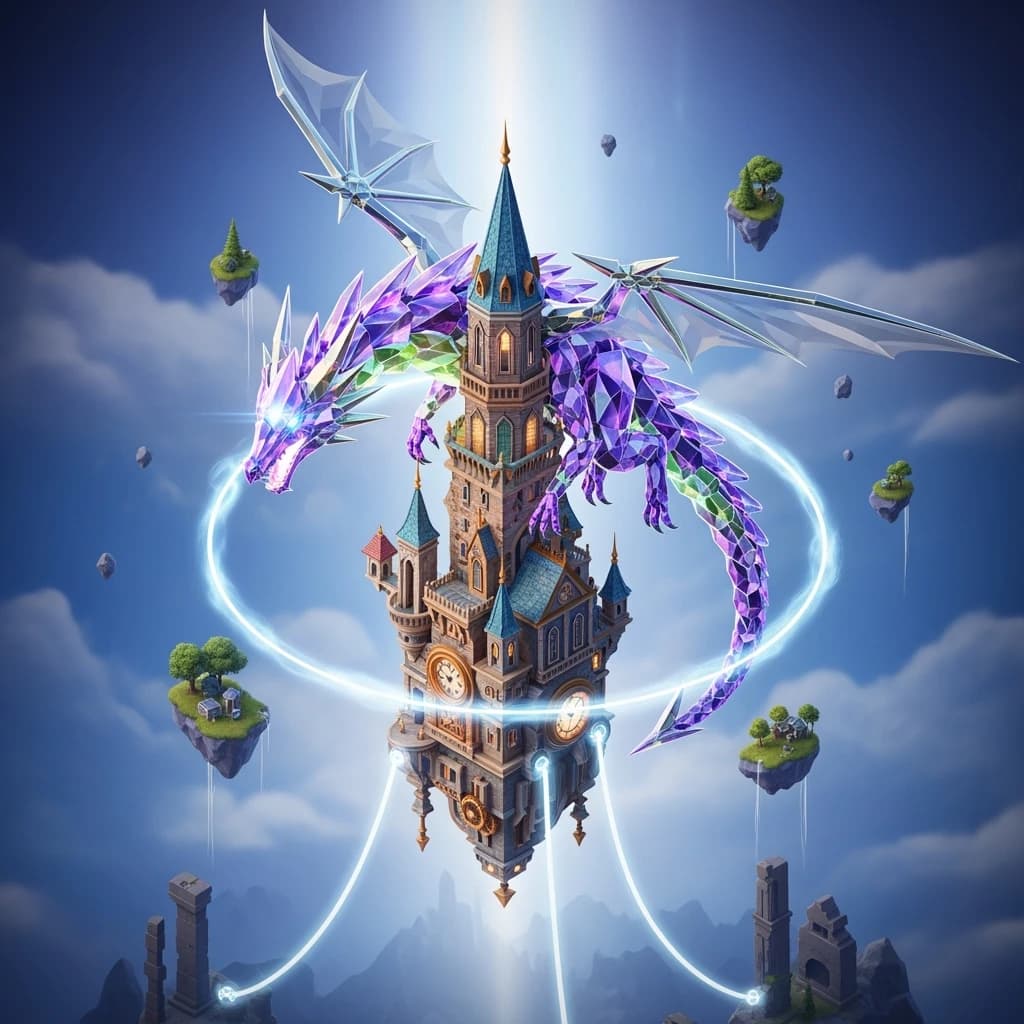 Render an isometric 3D crystal dragon circling a floating tower.