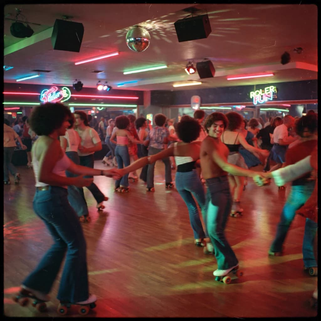 A 1970s roller rink crowd skates under neon, with a bit of fade and film grain.