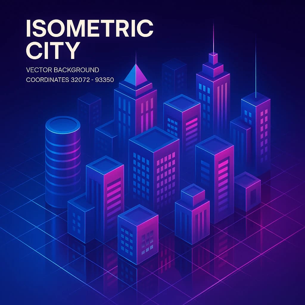 Render an isometric city poster with geometric buildings, neon gradients, gloss highlights, soft AO shadows, clean sans-serif lettering, grid layout, reflections a bit overexposed.