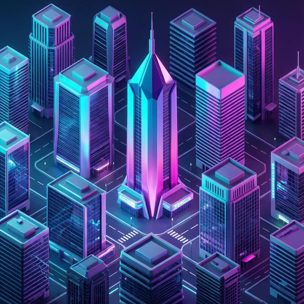 Render an isometric city poster with geometric buildings, neon gradients, gloss highlights, soft AO shadows, clean sans-serif lettering, grid layout, reflections a bit overexposed.