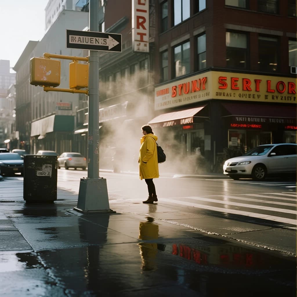 A sunlit city street after rain; puddles mirror neon signs as a woman in a yellow raincoat waits at a crosswalk, soft mist, 50mm look, natural tones, a bit of film grain.