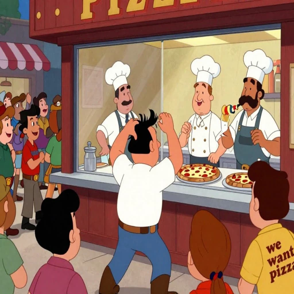 Pasquale is pulling his few remaining hairs out over a disaster at the pizzeria - the cooks are working as fast as they can but the crowds outside are swelling and they demand hot hot pizza! They are banging on the glass and some are wearing "we want pizza" shirts. 1980s western TV animation style.