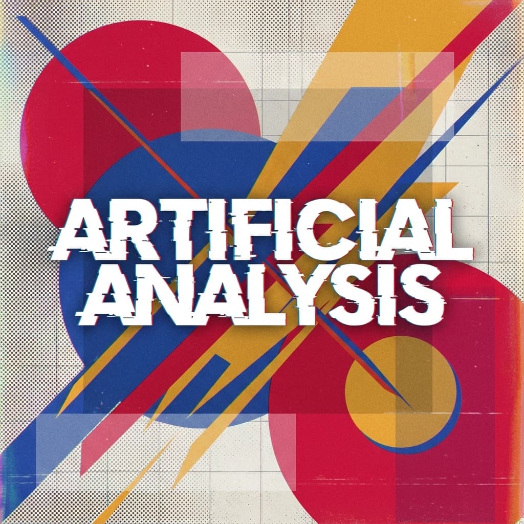 A bold poster composition dominated by flat geometric shapes in crimson, cobalt, and ochre. Overlapping circles and sharp diagonal lines create dynamic tension across the frame. A single sans-serif word — Artificial Analysis — stretches across the center in stark white, distorted slightly as though caught mid-glitch. The background is textured with halftone dots and faint grid lines, while subtle overlays of translucent rectangles suggest depth. Designed in the spirit of modernist Swiss typography fused with digital glitch aesthetics.