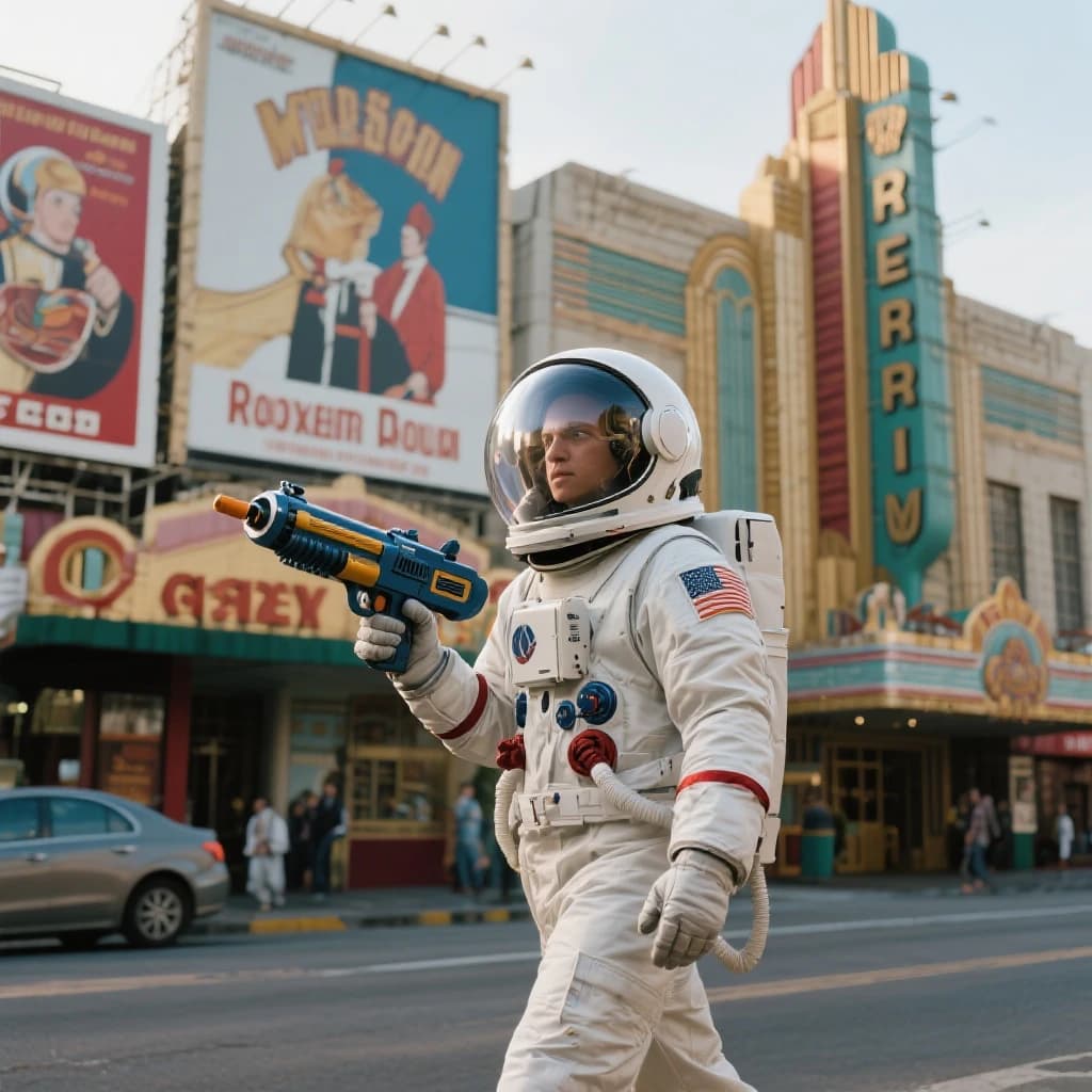 Raygun-toting astronaut in a bubble helmet strolls past art deco billboards.