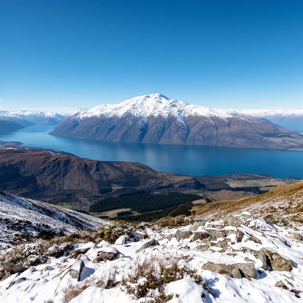 Queenstown's Lake Wakatipu, viewed from the top of Queenstown Hill after a snowstorm just dusted the top of Cecil's Peak