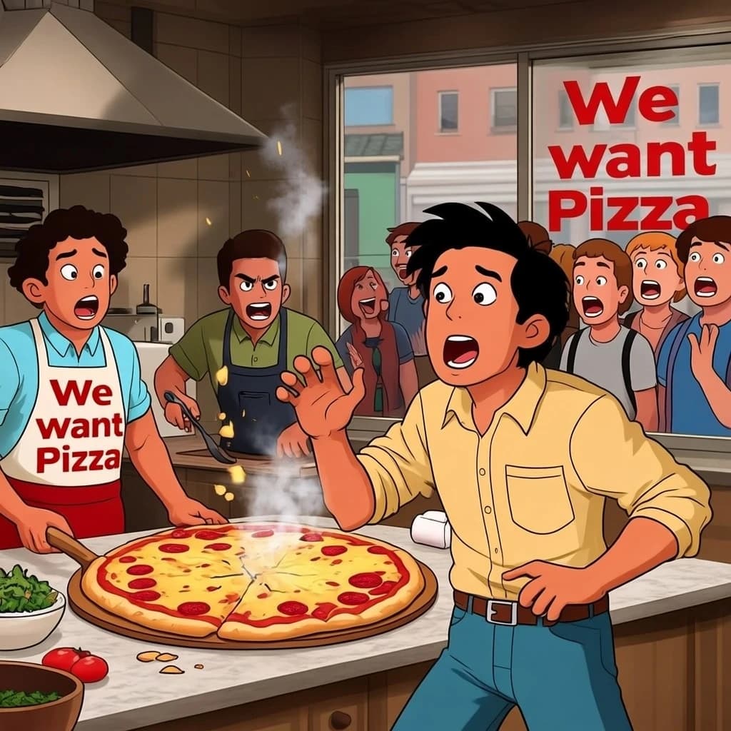 Pasquale is pulling his few remaining hairs out over a disaster at the pizzeria - the cooks are working as fast as they can but the crowds outside are swelling and they demand hot hot pizza! They are banging on the glass and some are wearing "we want pizza" shirts. 1980s western TV animation style.