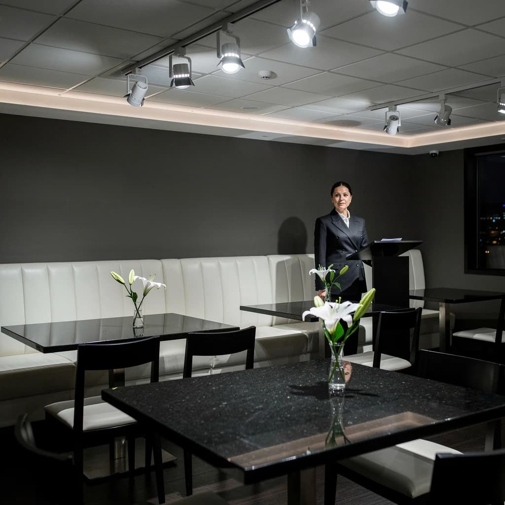 The place is almost empty. The banquettes are covered in white leather, the tables black granite, and the entire room is bathed in halogen track lighting that seems too bright. The maître d’ wears a double-breasted wool crepe jacket. There are lilies on every table.