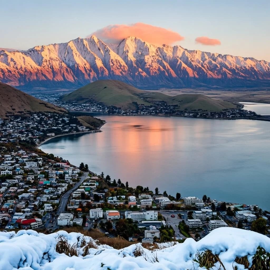 Queenstown's Lake Wakatipu, viewed from the top of Queenstown Hill after a snowstorm just dusted the top of Cecil's Peak