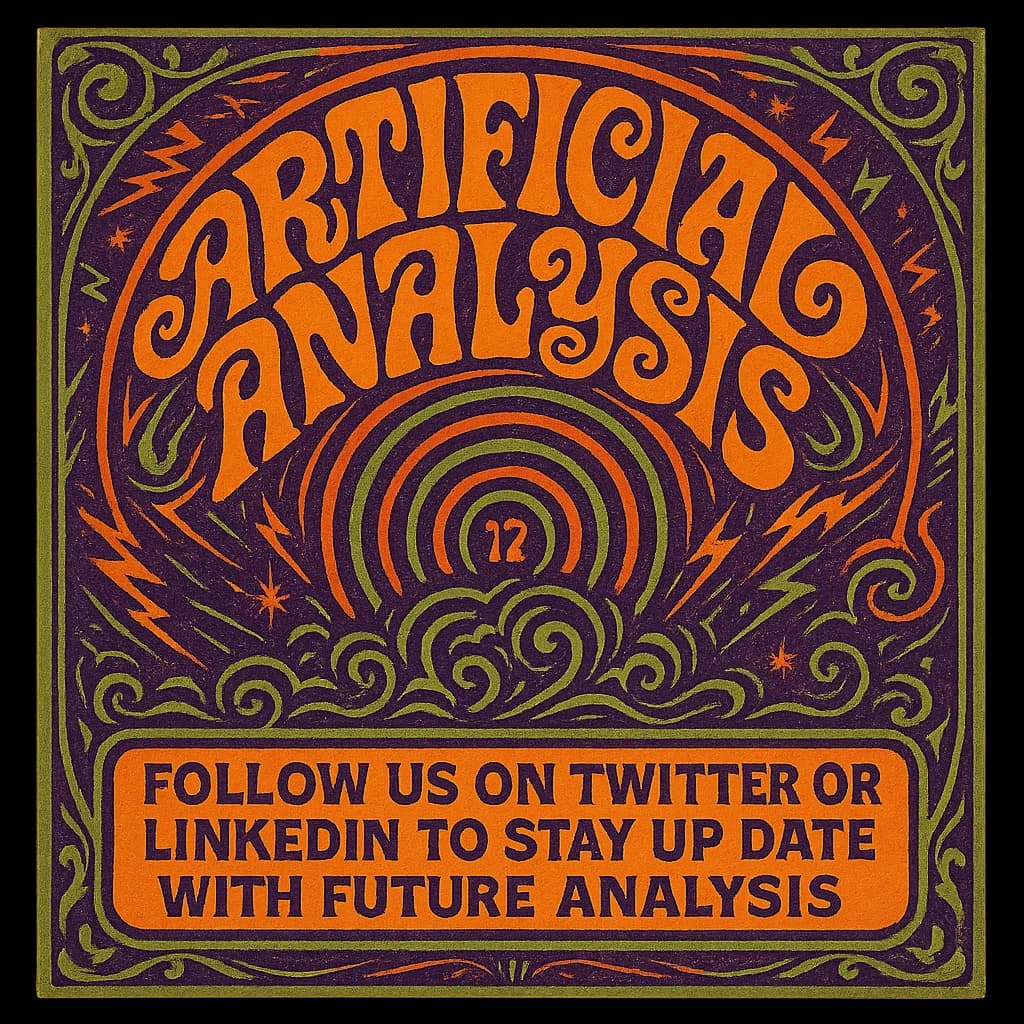 A portrait layout psychedelic concert poster from 1972 bathed in saturated oranges, deep purples, and acid greens. Swirling, hand-drawn typography arcs across the top, spelling out Artificial Analysis in bold, distorted letters that melt into spirals. Surrounded by radiating concentric circles and lightning-bolt motifs. The background is textured with halftone dots and faded paper creases, evoking a well-worn poster taped to a brick wall. Ornate floral borders frame the design, while the bottom features blocky retro lettering listing “Follow us on Twitter or LinkedIn to stay up to date with future analysis” in smaller text. 