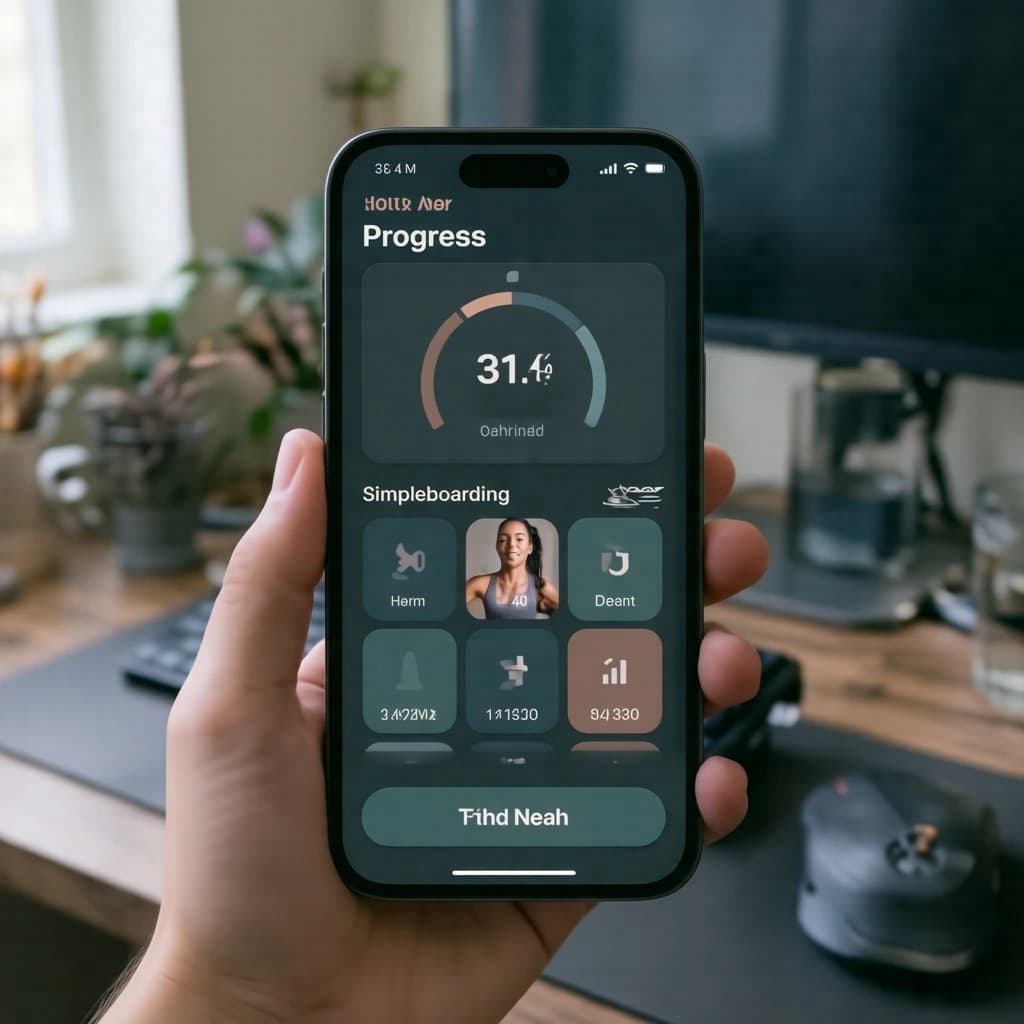 Sleek mobile fitness app screens on a desk: dark mode home, progress dashboard, simple onboarding, clear 8 pt grid, slightly oversized buttons for thumb reach, muted colors.