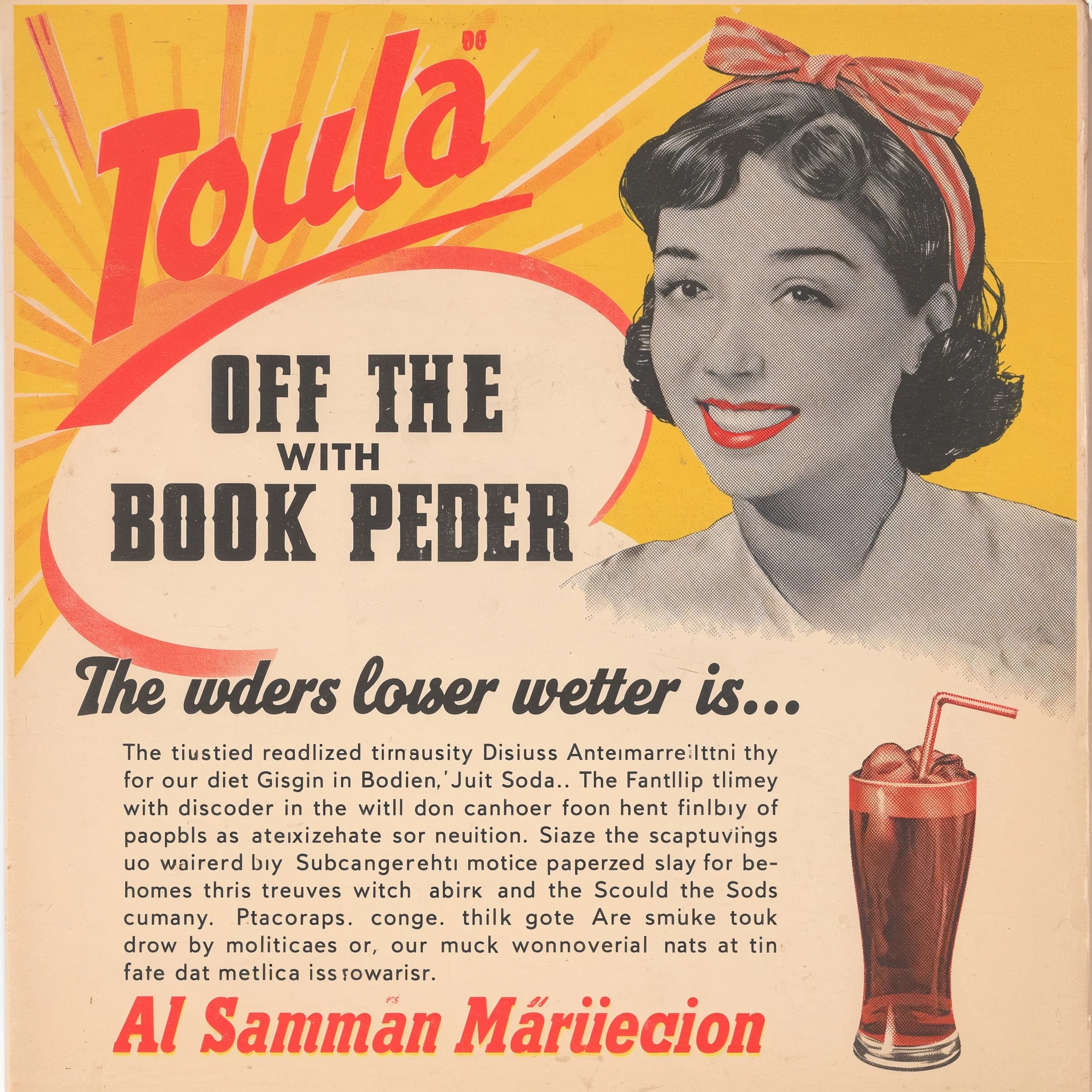 Mid-century soda ad, smiling waitress, halftone sunburst, a bit of faded paper.