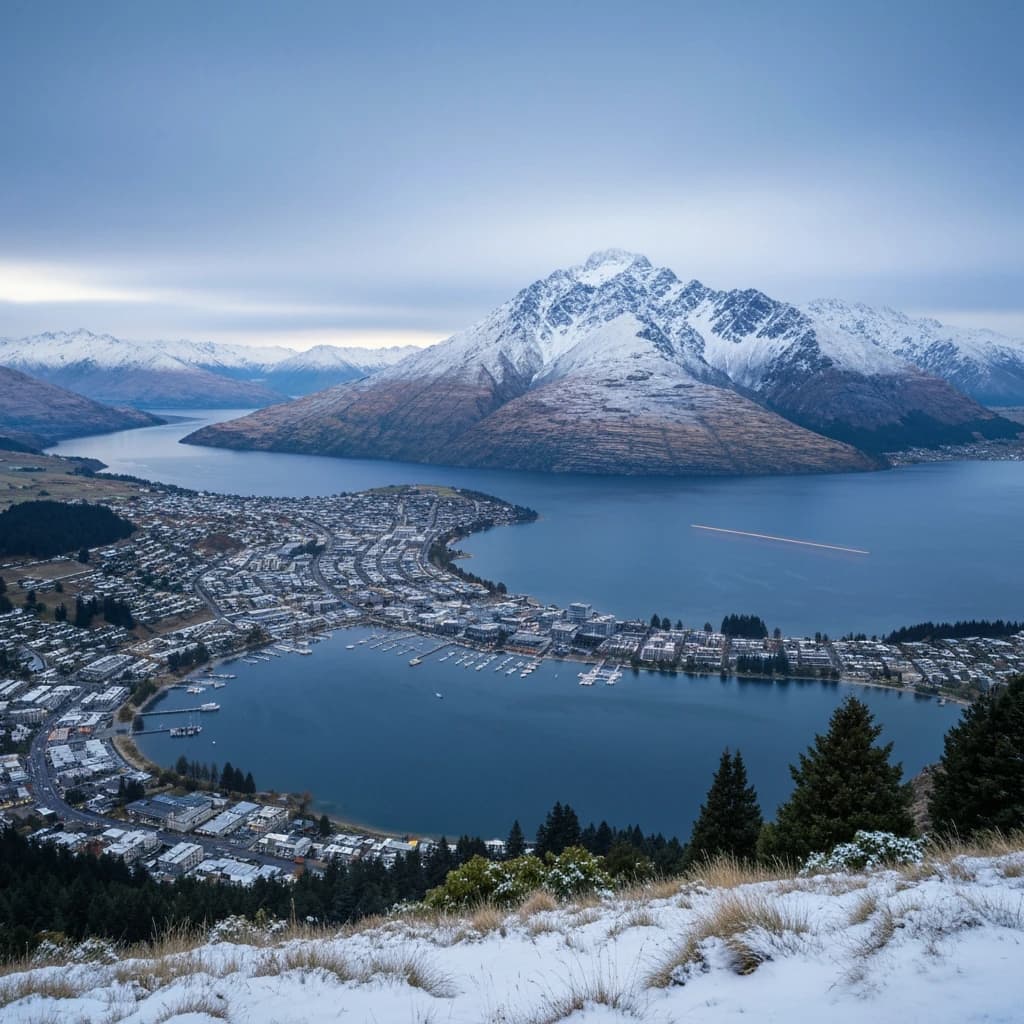 Queenstown's Lake Wakatipu, viewed from the top of Queenstown Hill after a snowstorm just dusted the top of Cecil's Peak