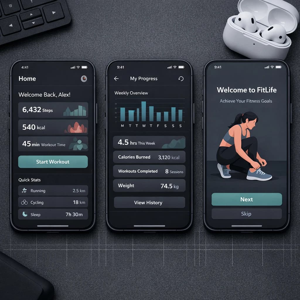 Sleek mobile fitness app screens on a desk: dark mode home, progress dashboard, simple onboarding, clear 8 pt grid, slightly oversized buttons for thumb reach, muted colors.